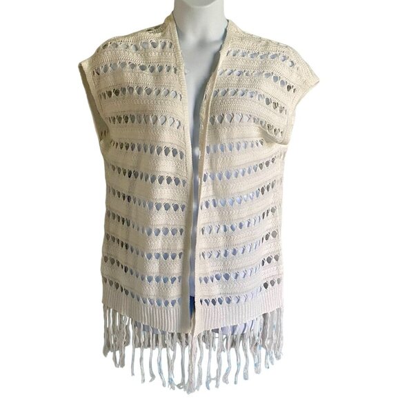 Jolie & Joy White Open Knit Sleeveless Cardigan Tassel Trim Junior's Size Medium - Picture 1 of 7